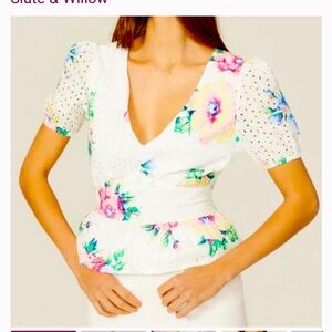 Rent the runway Slate & Willow Cream Puff Sleeve Peplum Blouse